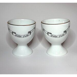 Set of 2 Mark and Graham White Porcelain Egg Cups "Happy Easter" Gold Rim